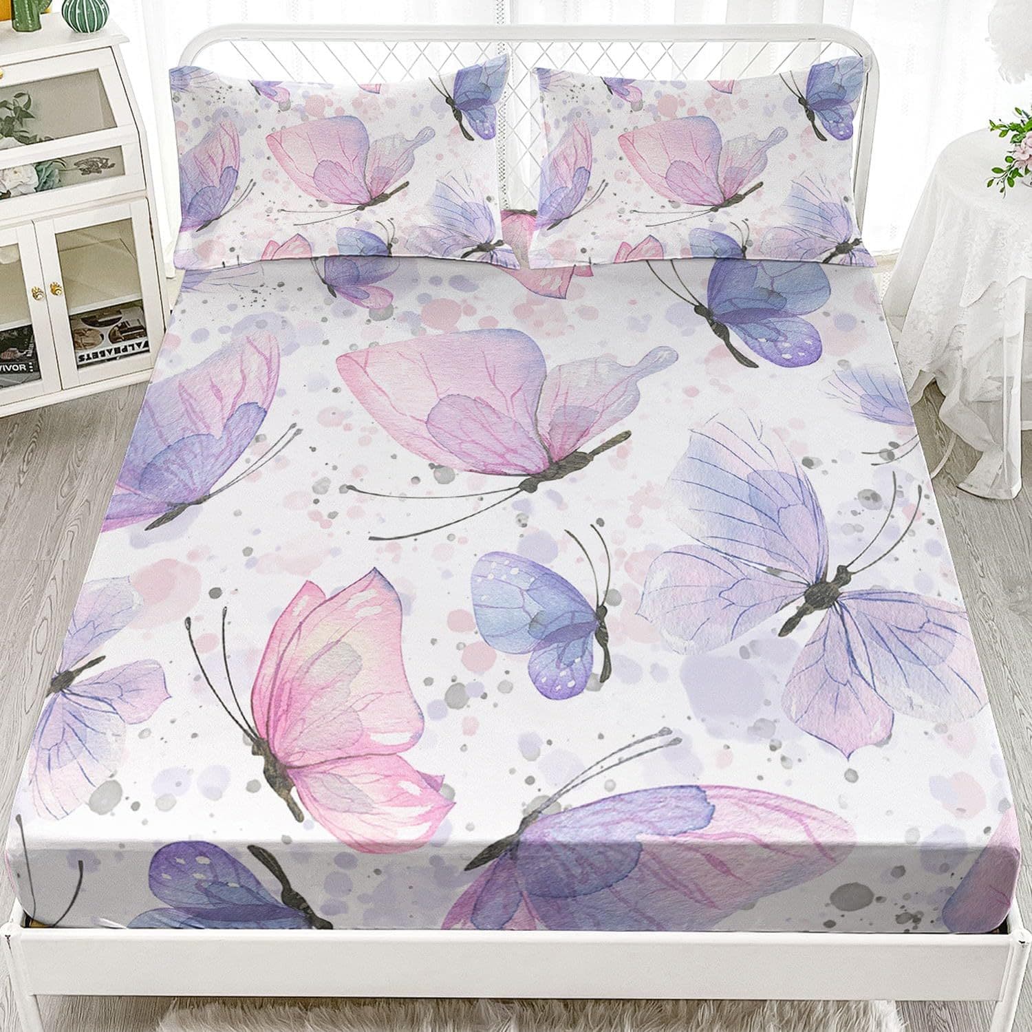 Pink Purple Butterfly Dreamy Aesthetic Girl Bed Sheet Set Three-Piece Digital Printed Cross-Border Bedding Set