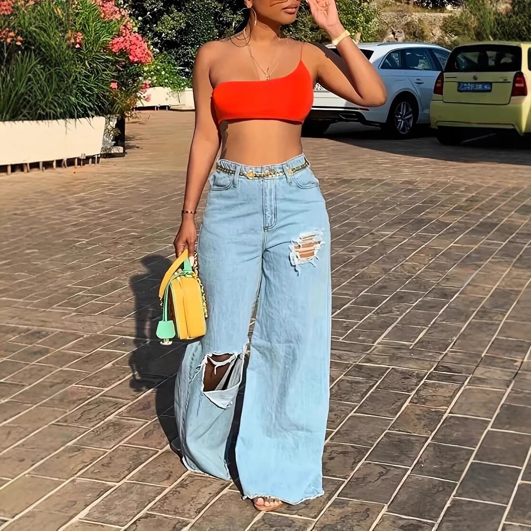 Cross-border e-commerce platform temu Amazon plus-size women's clothing, light blue, irregular distressed high-waisted, non-stretch, loose-fitting wide-leg style.