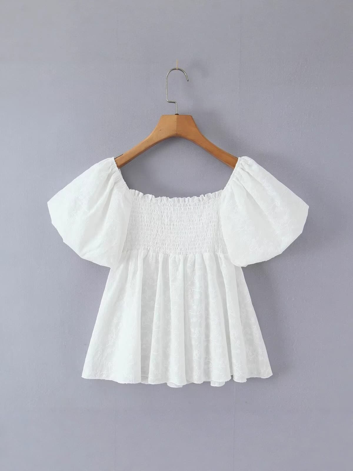 White Bubble Sleeve Fitted Blouse for Women