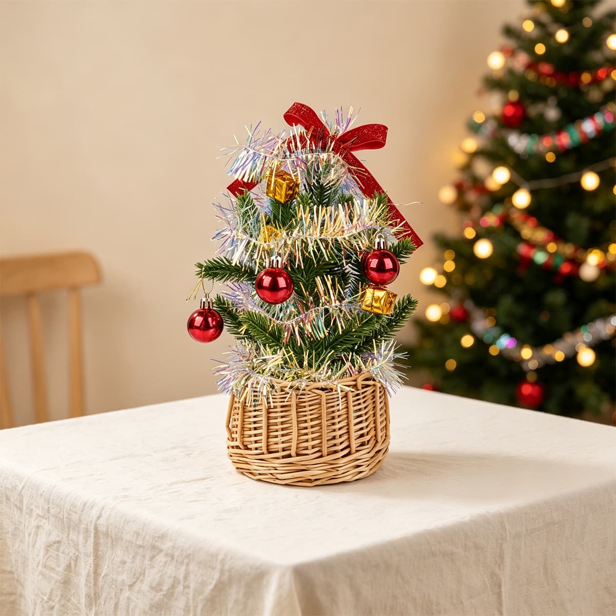 Cross-border Christmas desktop decorations, woven rattan baskets, simulated Christmas tree ornaments, Christmas window decorations