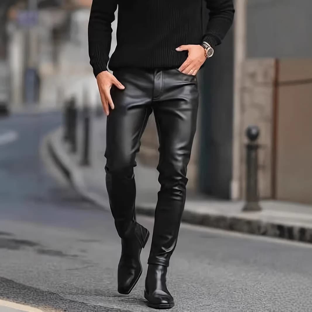 Cross-border men's tight PU leather pants outdoor cycling windproof leather pants solid color mid-waist straight pants
