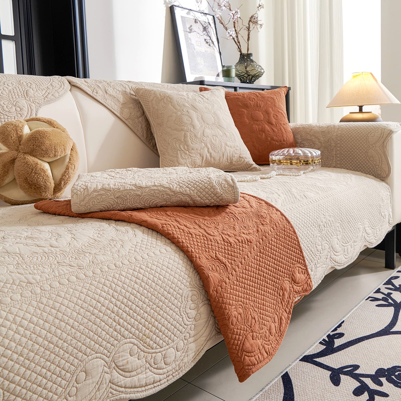 French Style Pure Cotton Sofa Cushion Anti-Slip Embroidered Sofa Cover Four Seasons Universal Sofa Throw 2024 Seat Pad