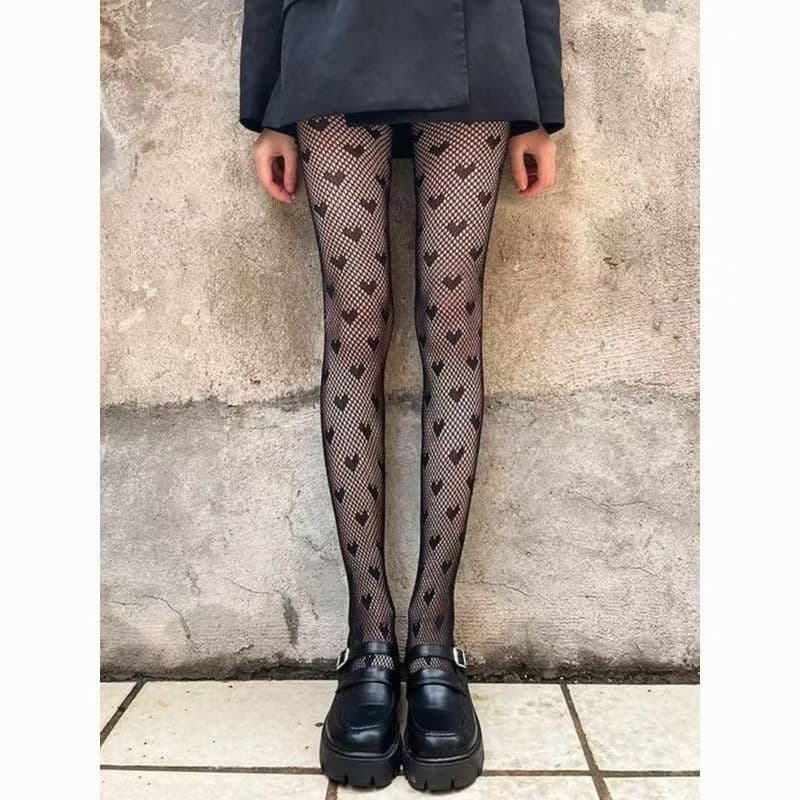 Black Fishnet Stockings Trendy Heart-Shaped Black Pantyhose Anti-Snag White Spring and Autumn JK