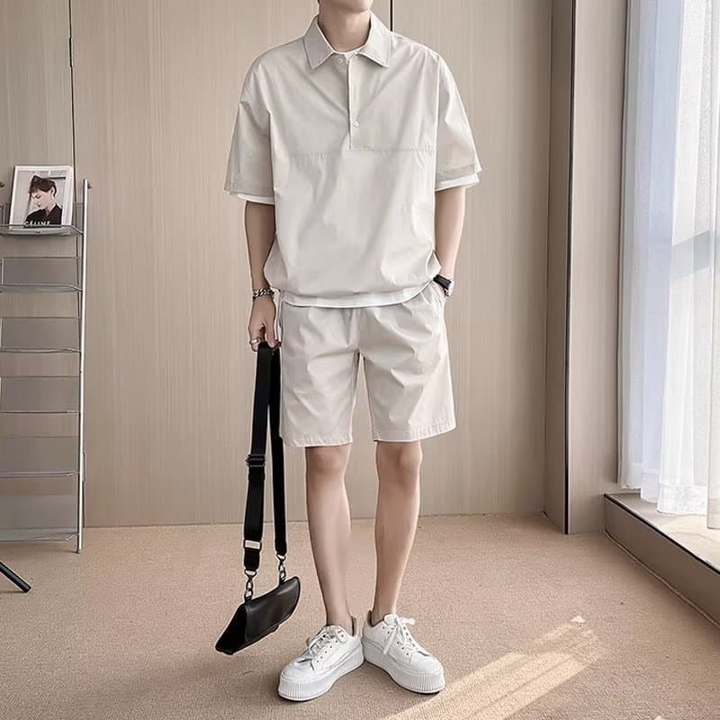Summer Solid Color Short Sleeve Shorts Set Men Korean Ins Casual Japanese Versatile Loose Polo Two-Piece Set