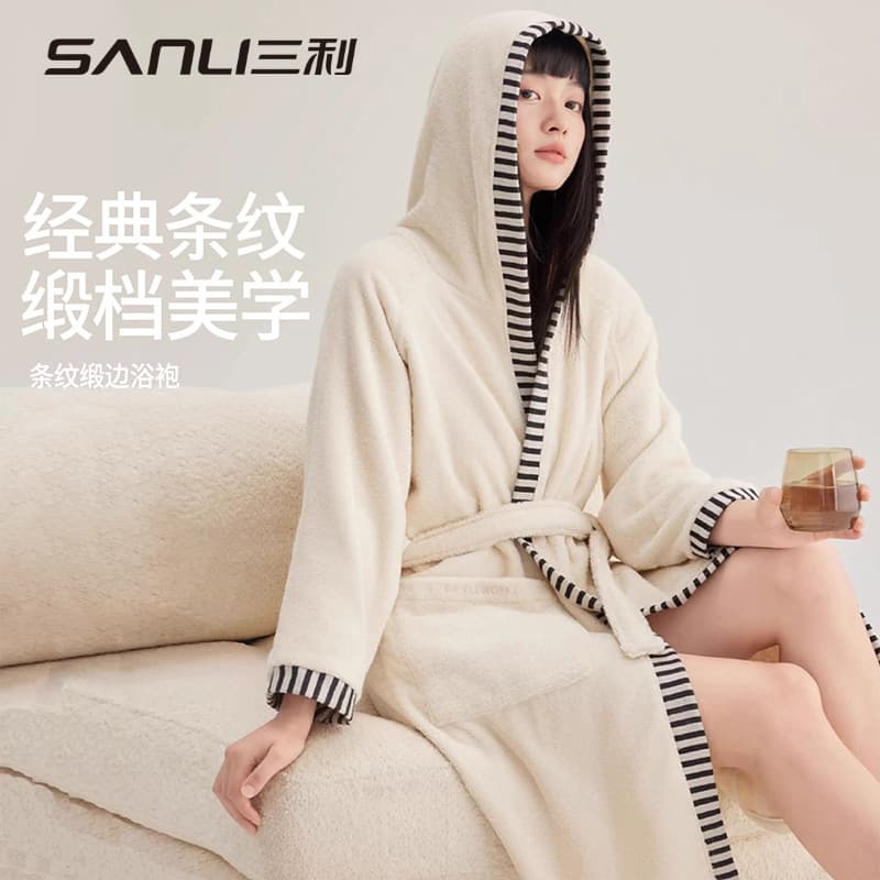 Sanli Winter New Cotton Bathrobe Men and Women Long Hooded Bathrobe Couple Pajamas Adult All-Cotton Bathrobe