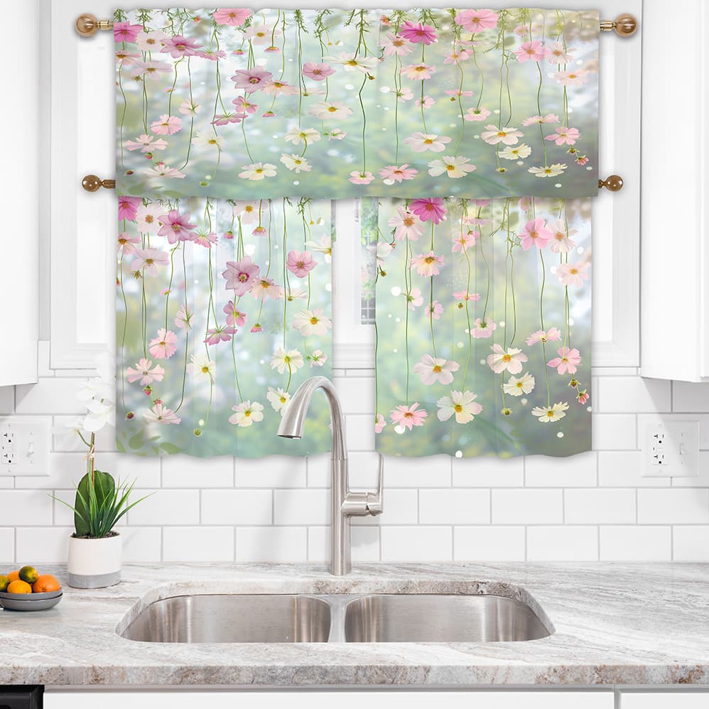 No-Drill Half Curtain Valance Short Curtain Cross-Border Curtain Green Plant Floral Digital Print Kitchen Blackout Short Curtain Bay Window