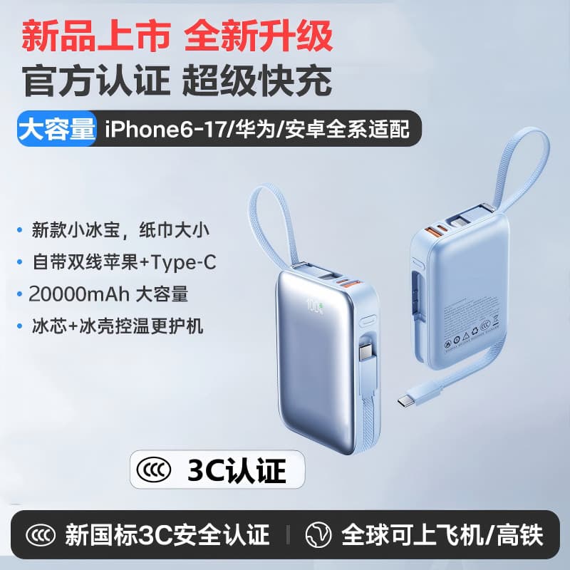 3C Certified 20000mAh Fast Charging Power Bank, Compatible with Xiaomi, Huawei, Apple
