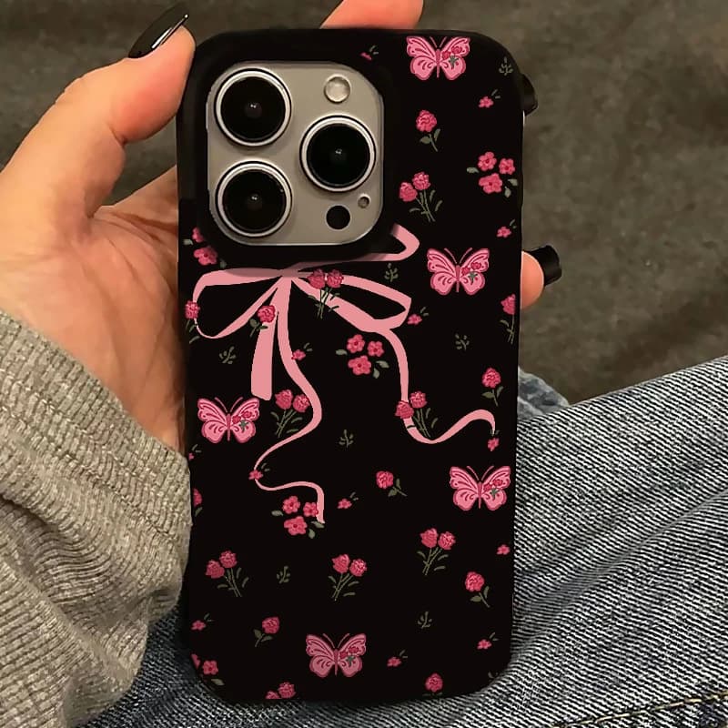 INS Pink Bow Rose Compatible with Apple iPhone 16/17 Pro Max Phone Case 14 Jelly 13 Soft 15