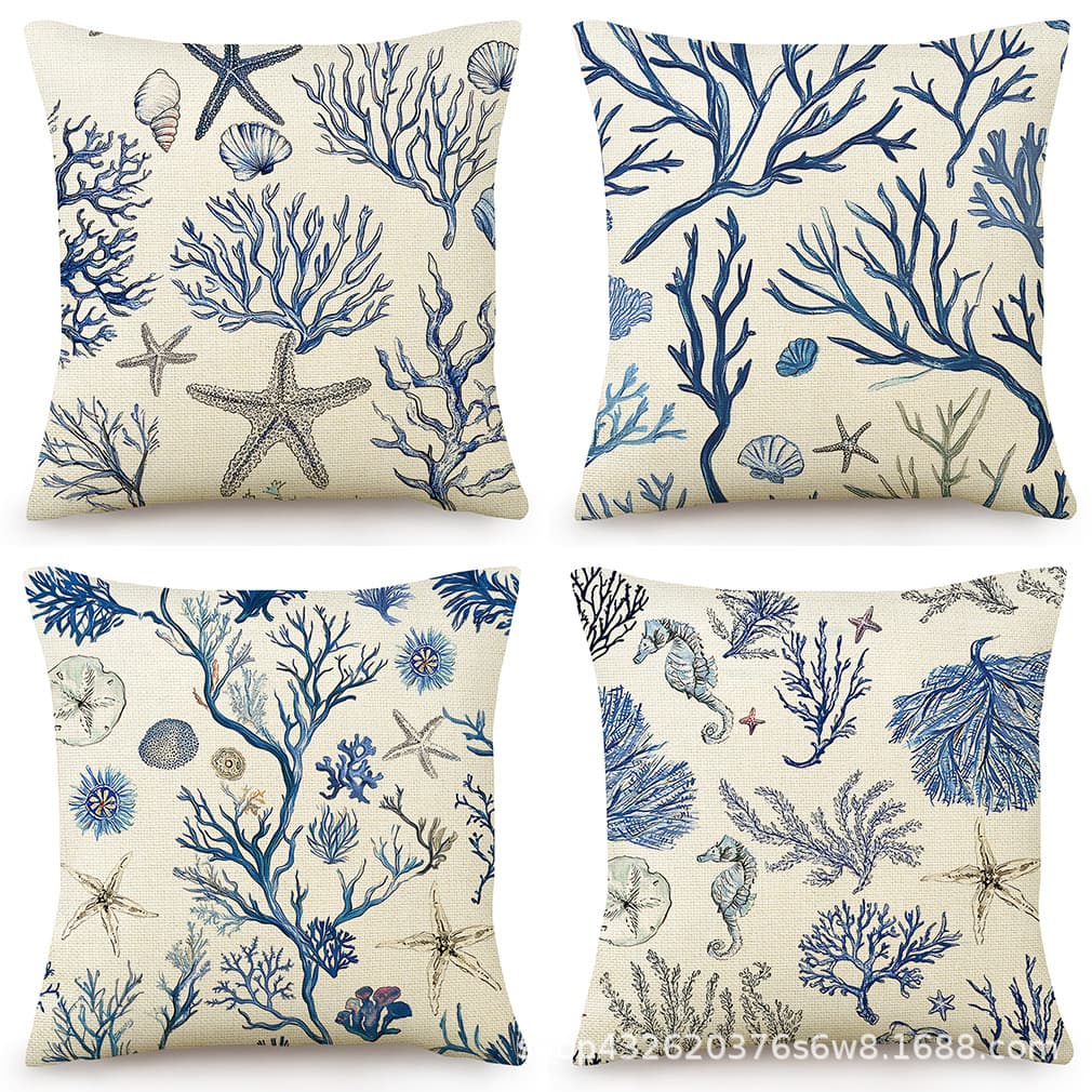 Cross-Border Ocean Style Coral Starfish Shell Pillow Fresh Blue and White Linen Printed Pillowcase Car Sand Sofa Cushion
