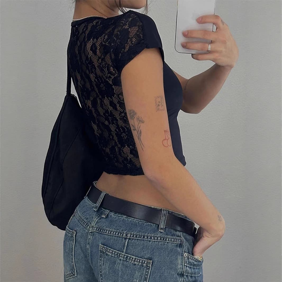 European American Y2K New Women's Solid Color Round Neck Crop Top Lace Hollow Casual Sexy Slim Fit Short Sleeve Top Export