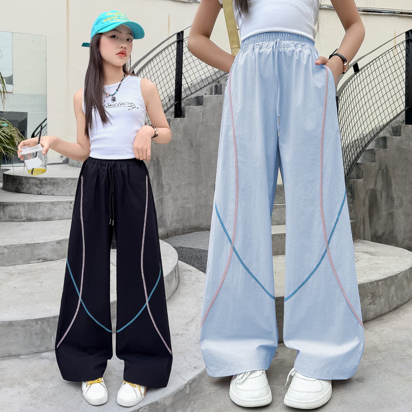 Ice Silk Quick-Dry Wide-Leg Pants for Girls, Summer Sun-Protection Casual Straight-Leg Pants for Teens and Older Children