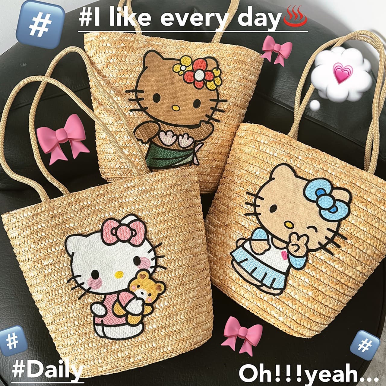 HelloKitty Large Capacity Tote Travel Vacation Casual Versatile Woven Bag KT Cat Straw Bag Shoulder Bag for Women