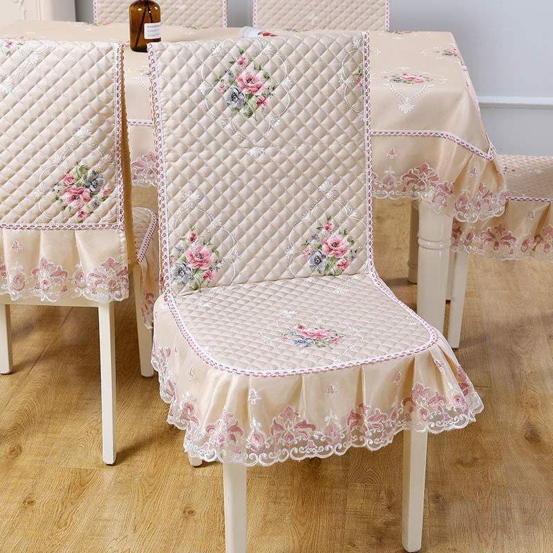 Dining Table Cloth Set with Chair Covers, Seat Cushions, Table Cloth, Lace Integrated Seat Cushion for Dining Chairs