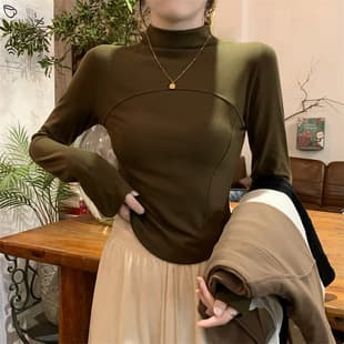 Thermal Half High Collar Base Layer Top for Women, 2025 Fall/Winter New Style, Slim Fit Short Brushed Fishbone Student Top, Trendy