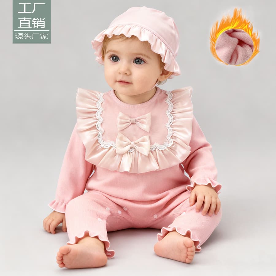 Autumn and winter baby clothes plus velvet jumpsuit baby outing clothes sweet bow princess romper long sleeves