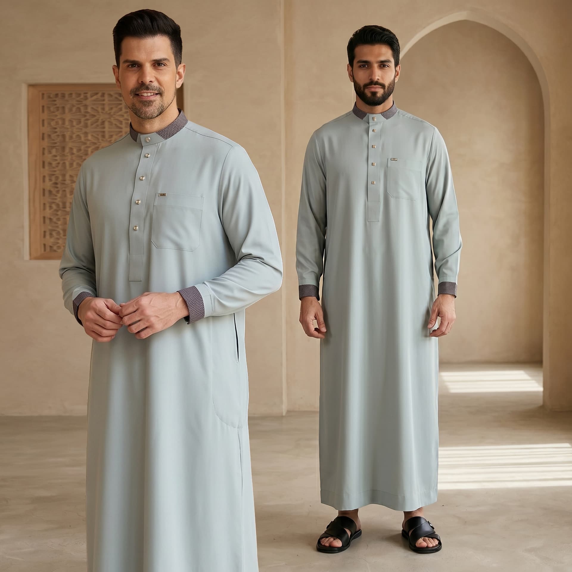 FN194-655-3 New Thobe Men's Robe Long Sleeve Loose Fit Metal Buttons Solid Color Stand Collar Robe