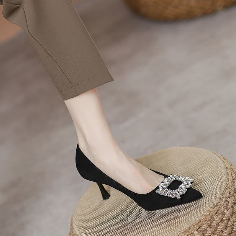 French Black High Heels for Women, Elegant and Sexy New Style, Pointed Toe, Square Buckle, Rhinestone Stiletto Heels, Comfortable Single Shoes, Work Shoes