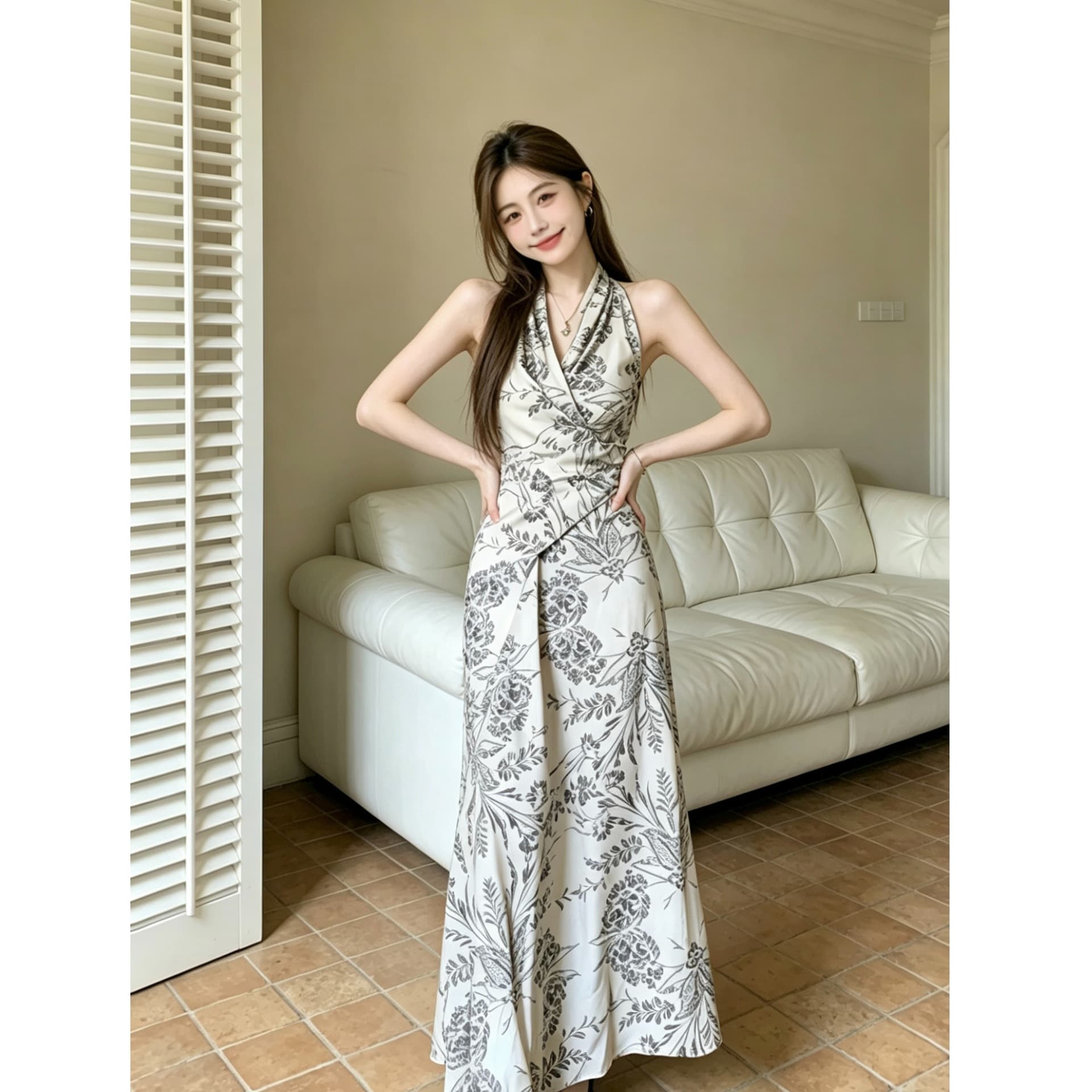 2026 Summer New Vacation Style Cool Print Cross Tie Neck Ink Painting Sleeveless Maxi Dress for Women