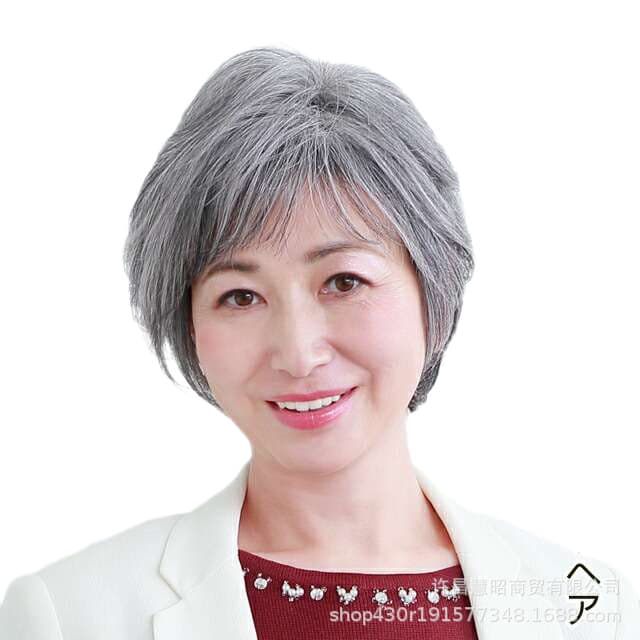 Performance Wig Women's Gray White Short Straight Hair Old Lady Wig White Hair Cap Elderly Flower White Head Cover