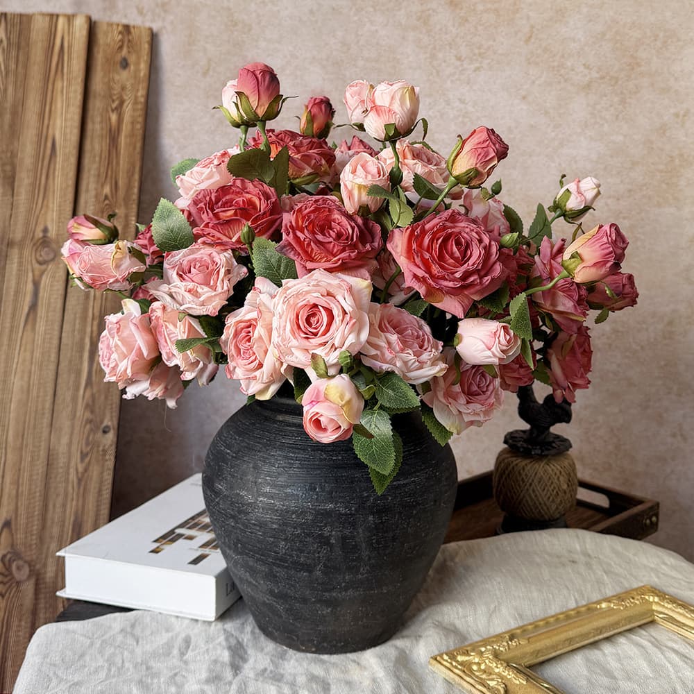 French Artificial Single Stem 3-Head Burnt Edge Rose Vintage Home Living Room Decorative Fake Flower Dried Bouquet Premium Look