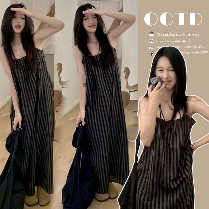 In Stock New Summer Retro Stripe Maternity Overalls Wide Leg Pants