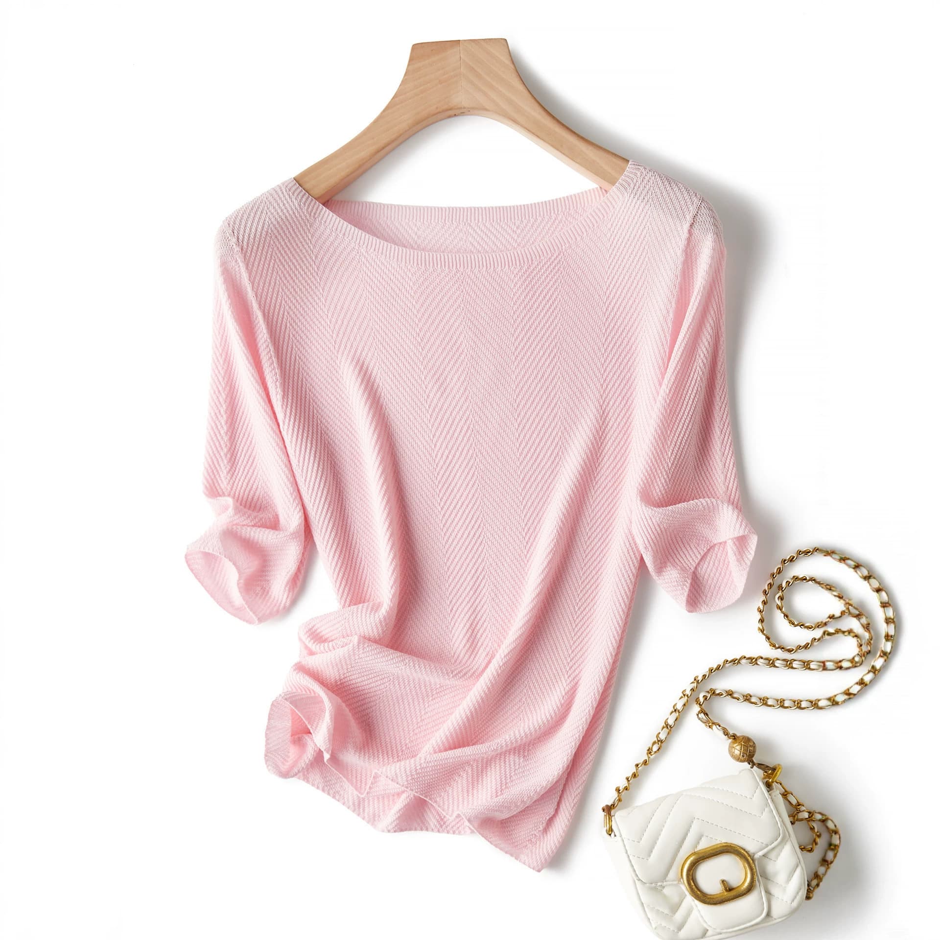 Spring and Summer Fine Worsted Wool Herringbone Base Layer Top for Women, Boat Neck, Half Sleeve, Slim Fit, Stretchy, Loose, Pullover Knit Sweater