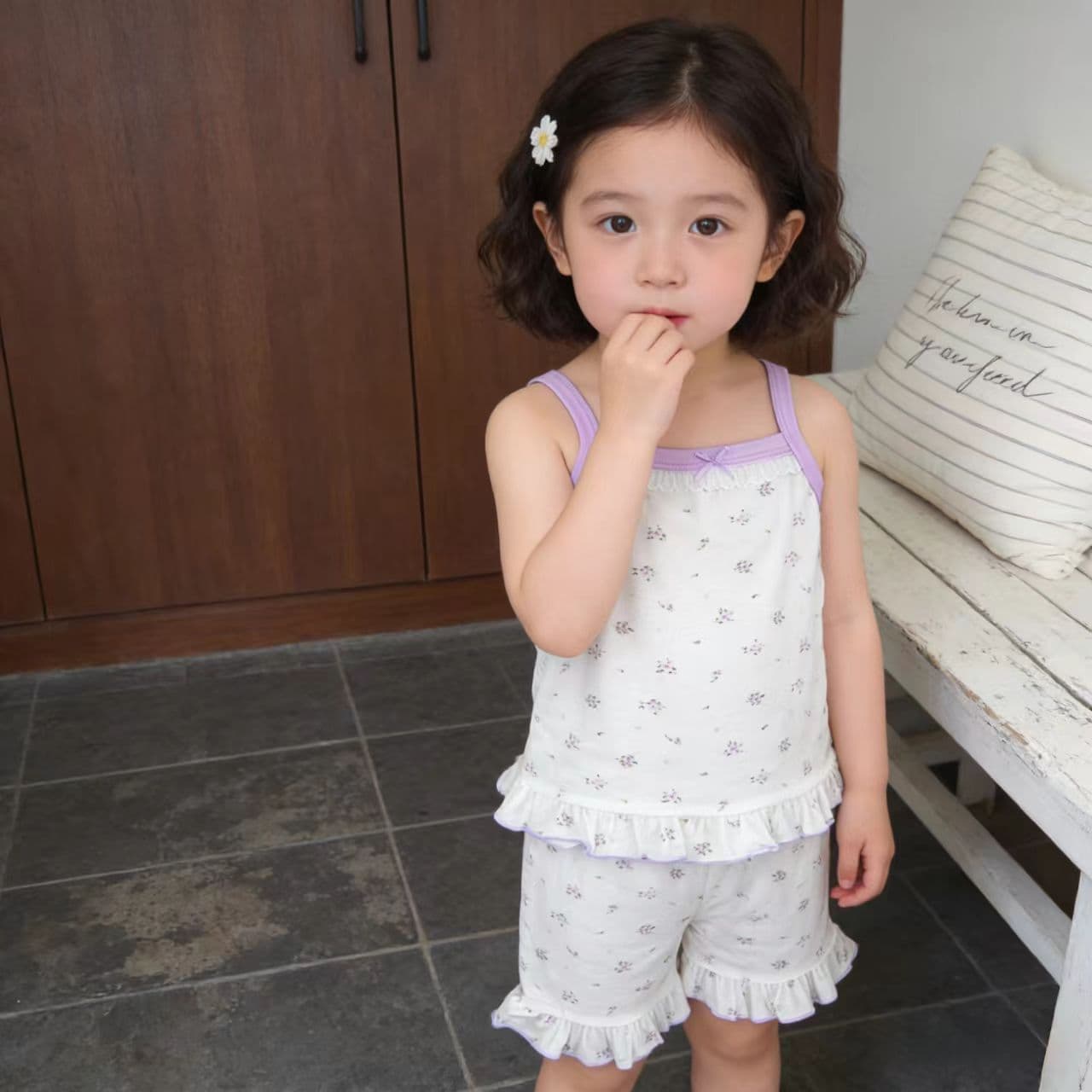 Girls' Strap Shorts Set Summer Thin Lyocell Floral Fashionable Korean Style Cute Baby Vest Two-Piece Set