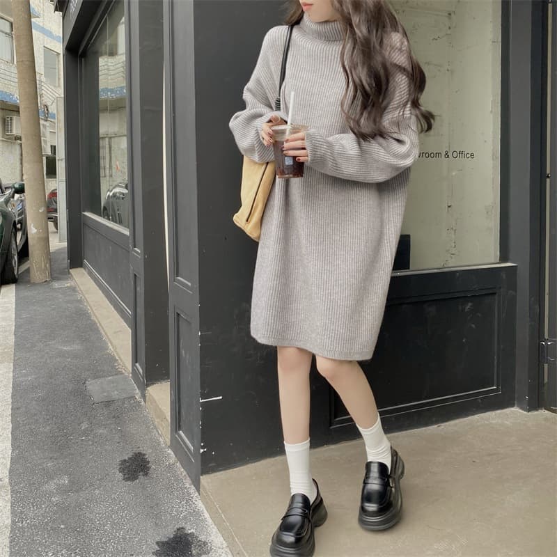Overseas Trade Women's Knit Sweater Mid-Length Korean Style Autumn Winter Loose Casual High Neck Pullover