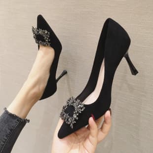 2026 New Black High Heels Women French Thin Heel Pointed Toe Rhinestone Shoes Women's Shoes Custom Processing