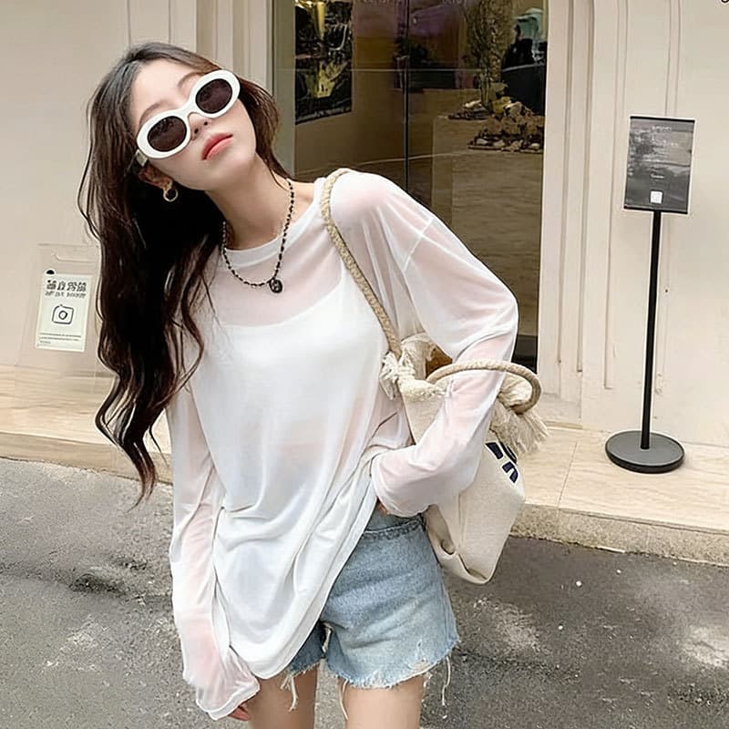 Women's Thin Long-Sleeve Sun Protection Shirt 2026 Summer New Style Ins HyunA Style Mesh Base Layer T-Shirt Ice Silk Inner Wear