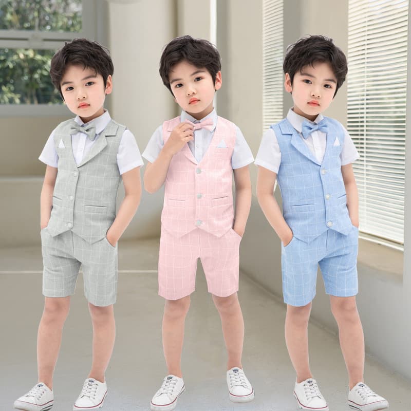 Summer New Children's Set Wholesale, Baby Solid Color Plaid Vest Formal Three-Piece Set for Children's Day Performance