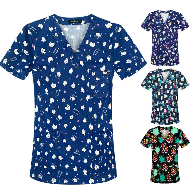 Printed Nurse Uniform Short Sleeve Scrub Top for Women Doctors Summer Thin Cotton Workwear for Housekeeping Beauty Pet Clinic Men