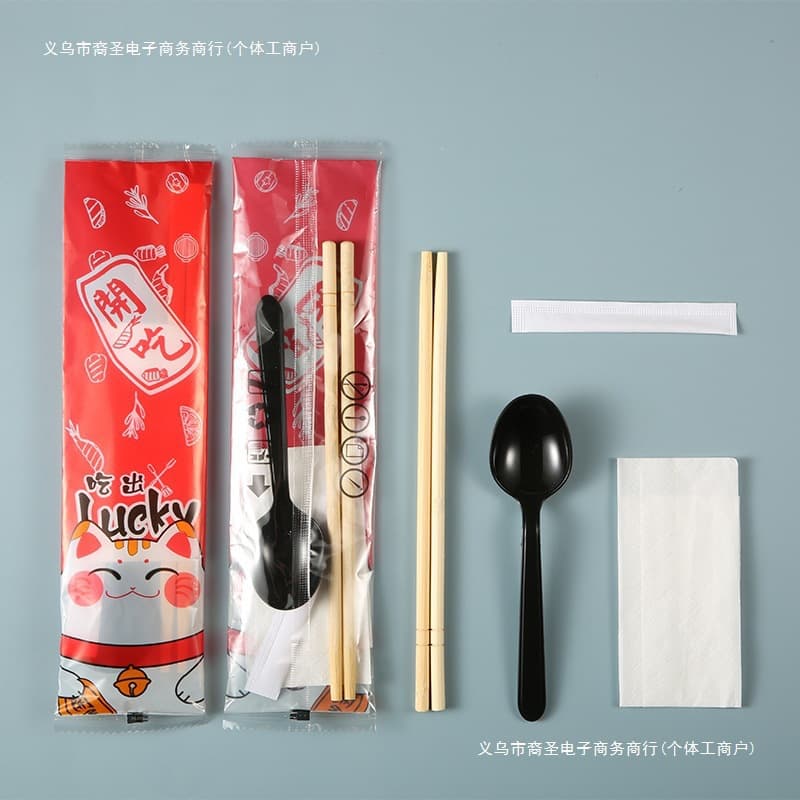Disposable Chopsticks Four-Piece Set, Takeaway Packaging Tableware Four-in-One Set, Hotel Fast Food Commercial Three-Piece Set, Customized Cat