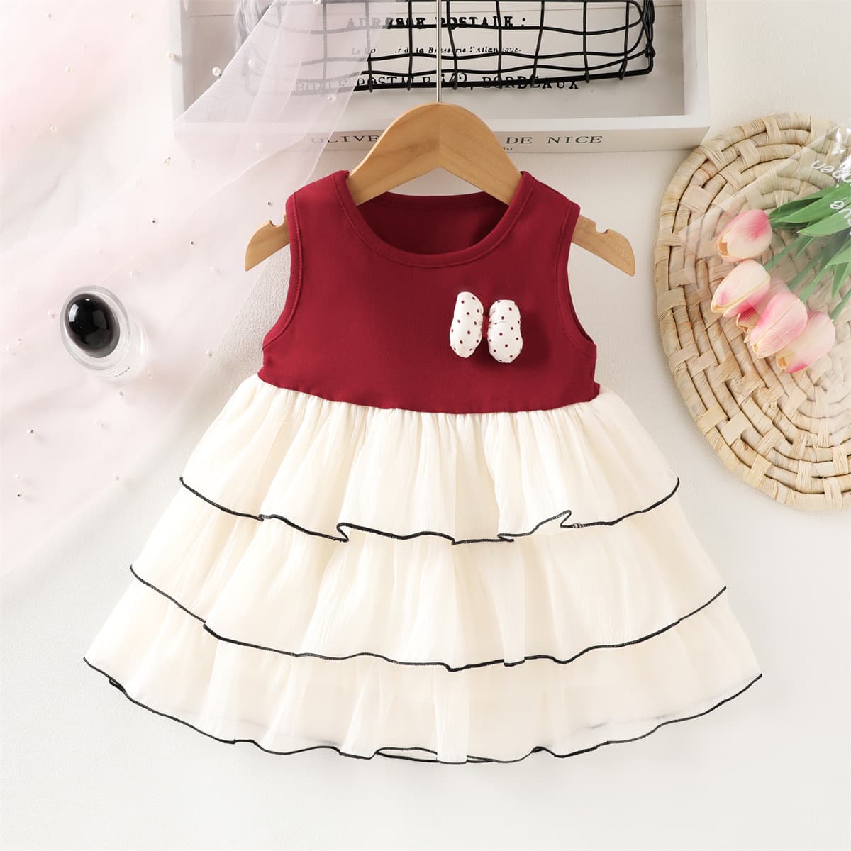 Girls' Vest Dress 2026 New Wine Red Color-Block Cake Dress for 1-3 Years Old Baby Girl Fashionable Children's Clothing Wholesale