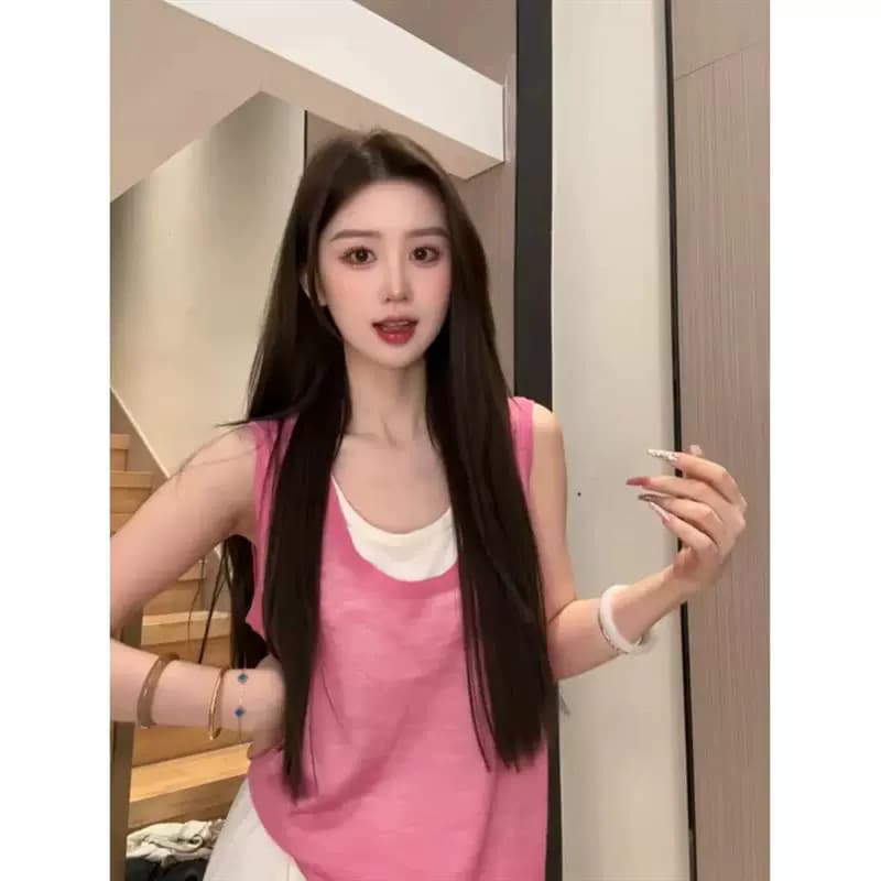 Clearance Sale, First-Line Discount, Summer Lightweight Ice Silk Knit Vest for Women, Faux Two-Piece Sleeveless Camisole Top