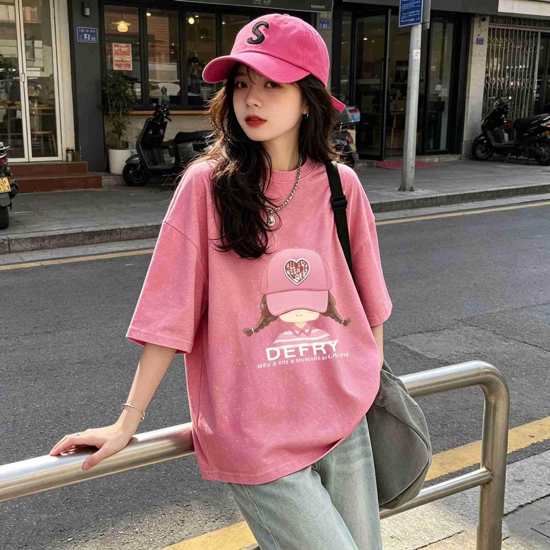 Popular girls short-sleeved T-shirt summer wear 26 new cute cartoon girl print loose thin children versatile trendy T