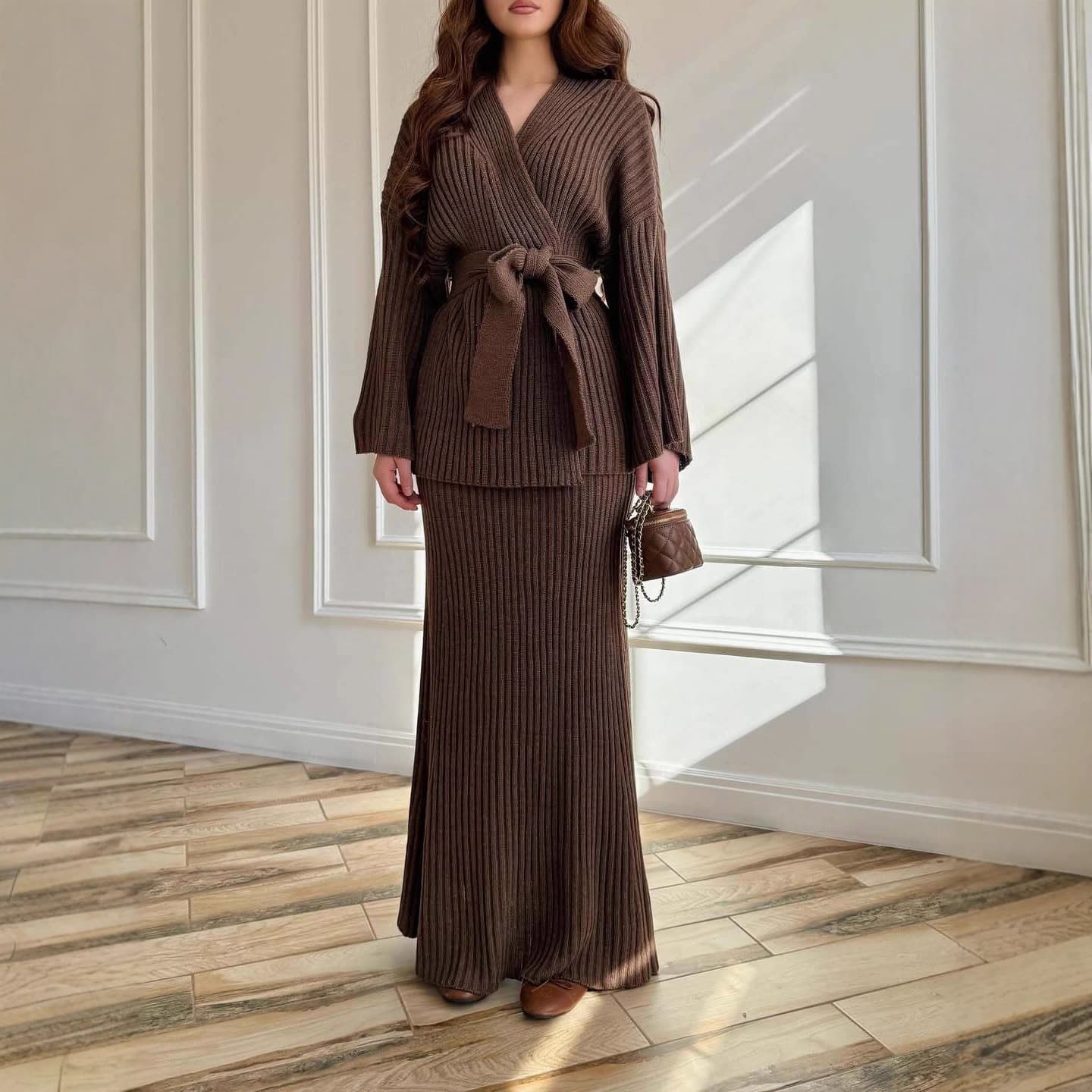 European and American Women's Cross-border Fashion 2025 Autumn New V-neck Knit Top with Tie Long Sleeve Bodycon Skirt