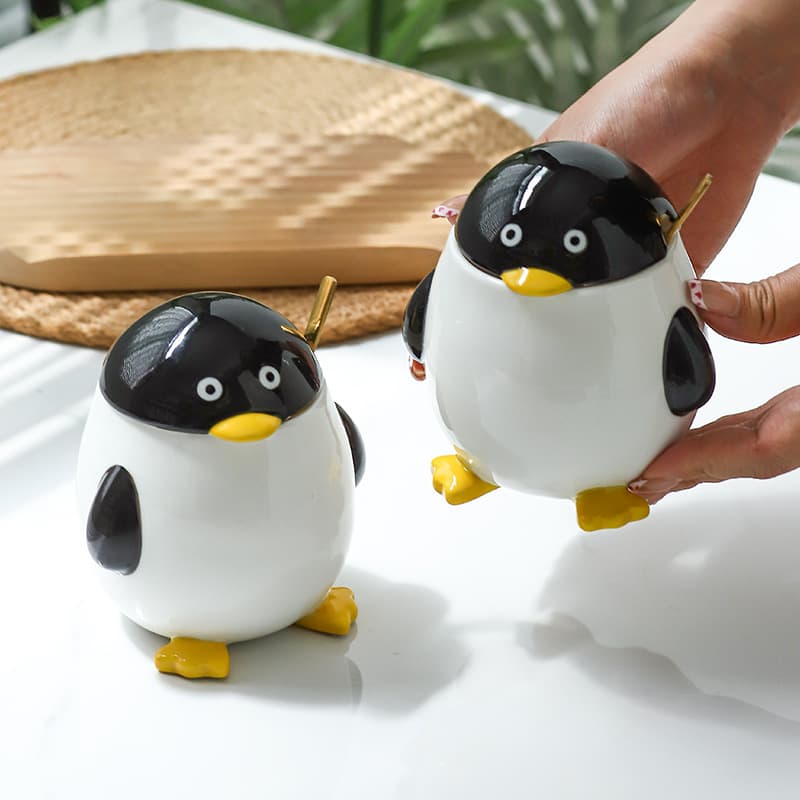 Penguin Cartoon Cute Ceramic Mug Coffee Girly Heart-Shaped Couple Water Cup with Lid and Spoon Gift 400ml Gift Box