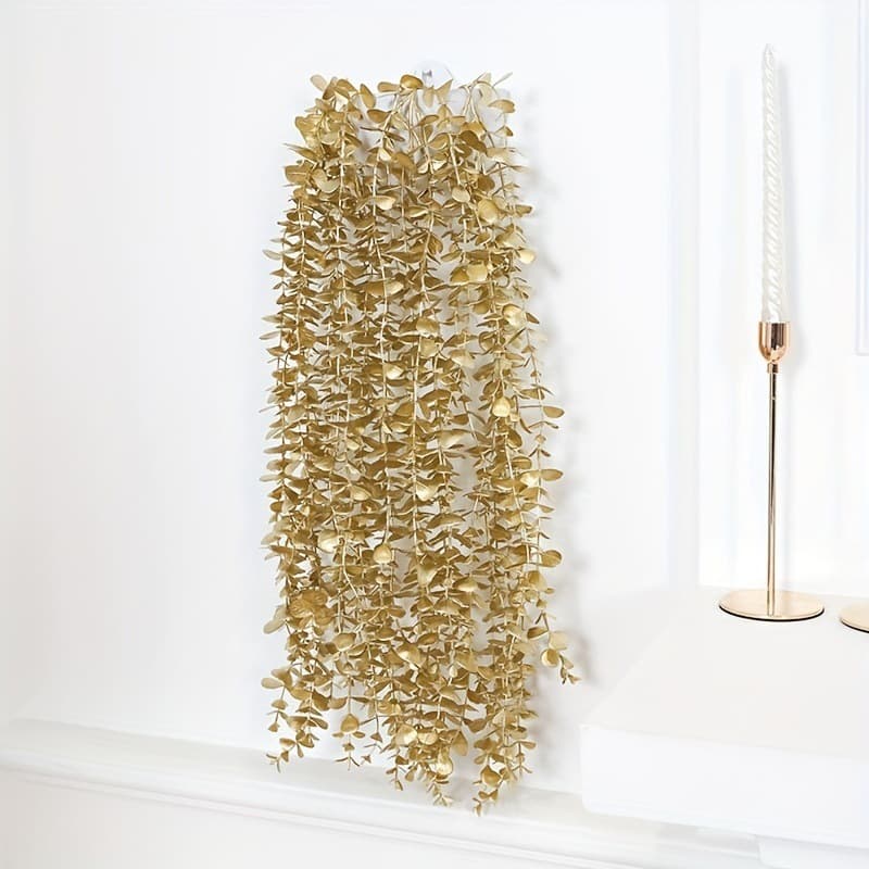 Cross-border Exclusive Artificial Golden Eucalyptus Leaf Vine Wall Hanging Round Leaf Plastic Money Plant Vine Drop Shipping