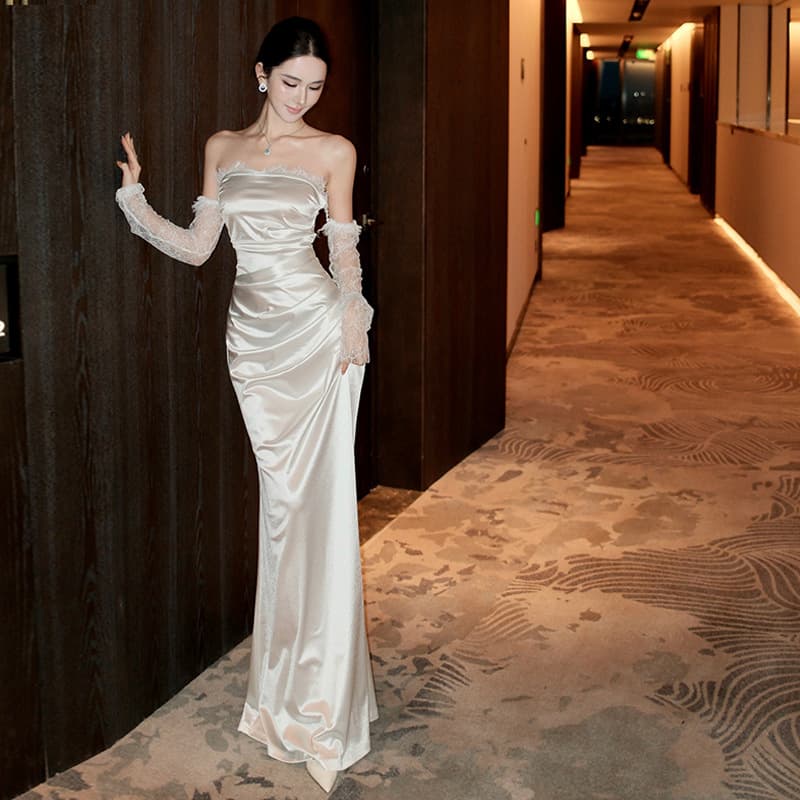 French Satin Annual Meeting Banquet Dress Strapless White Birthday Engagement Light Gown Graduation Long Dress