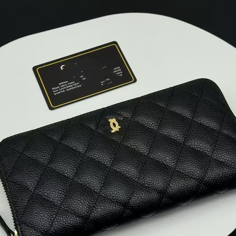 Small Chanel CF Style Genuine Leather Long Wallet Caviar Calfskin Zipper Wallet Multi-Slot Card Holder Money Clip Clutch Premium