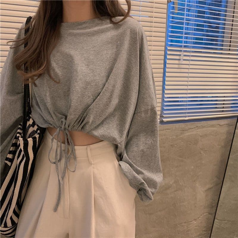 Long Sleeve Women's T-Shirt Solid Color Spring 2026 New Versatile Drawstring Loose Cropped Round Neck Top