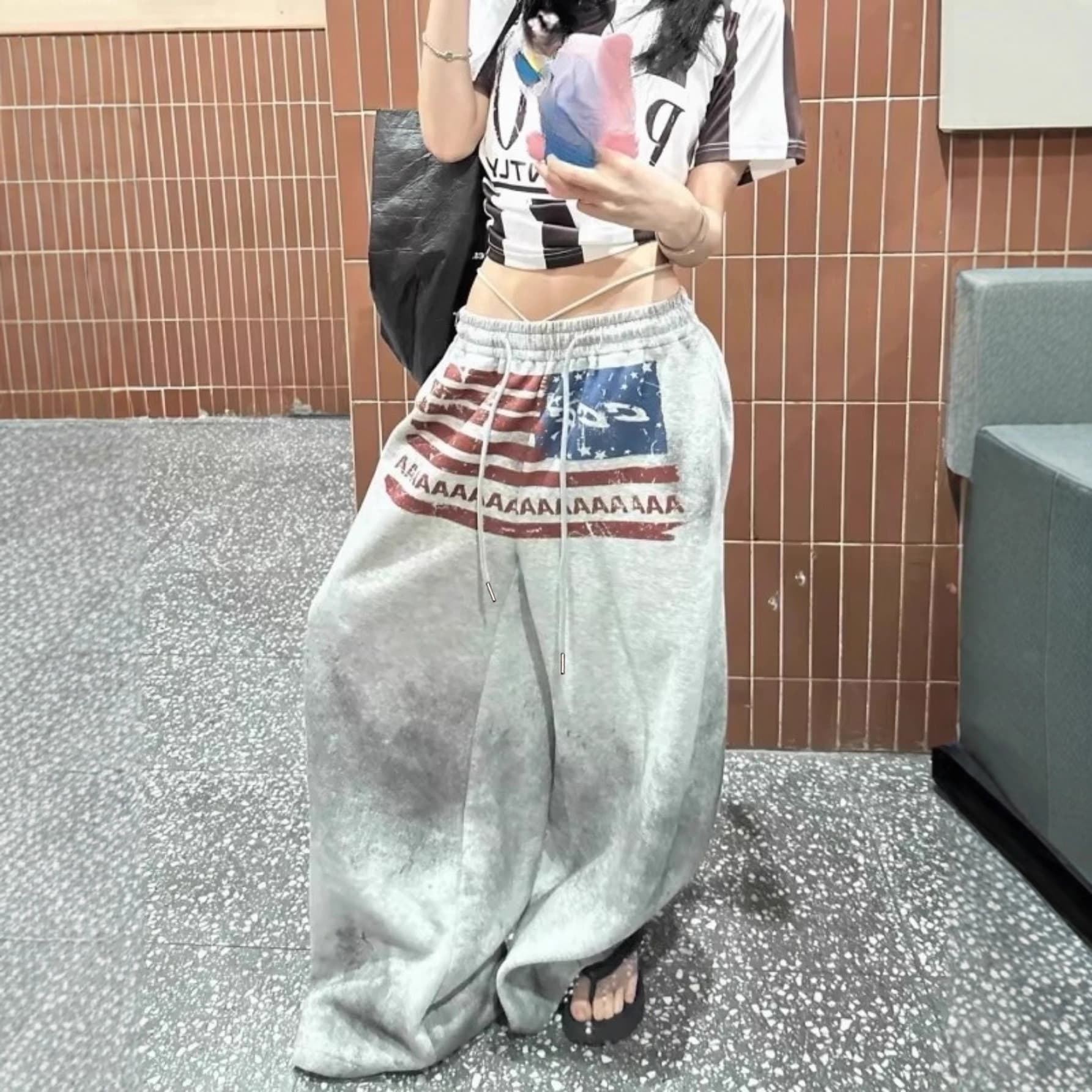 Y2K women's casual fashion street style letter pattern printed jogging elastic waist straight pants wide leg trousers for women