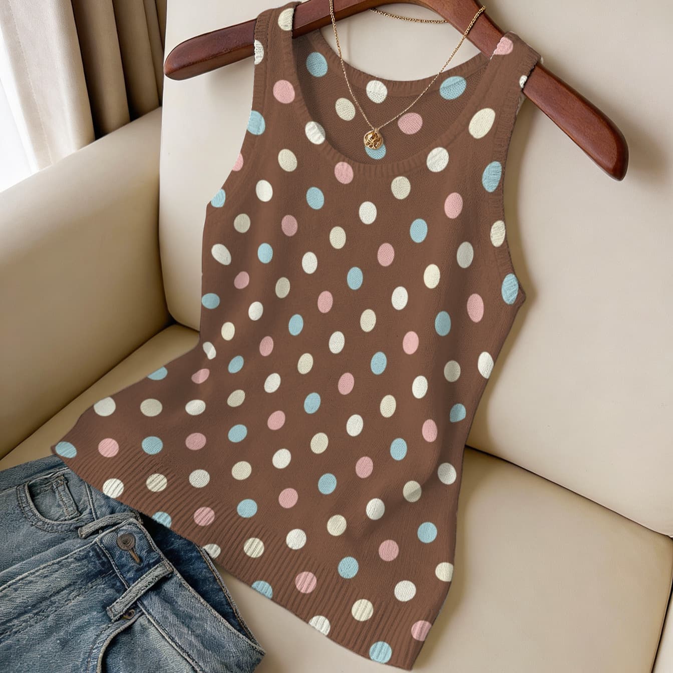Cross-border TEMU Shein Hot Selling Retro Polka Dot Print Knit Top Casual Versatile Round Neck Sleeveless Vest