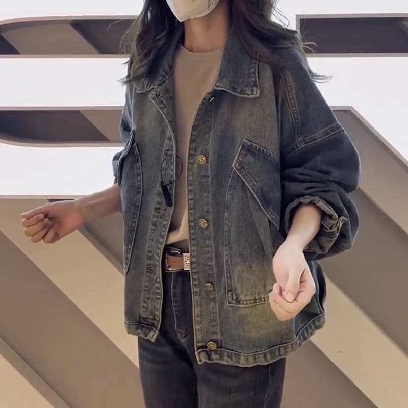 Retro Hong Kong style spring and autumn new plus size denim jacket for women, unique design, niche Korean style, versatile long-sleeved top