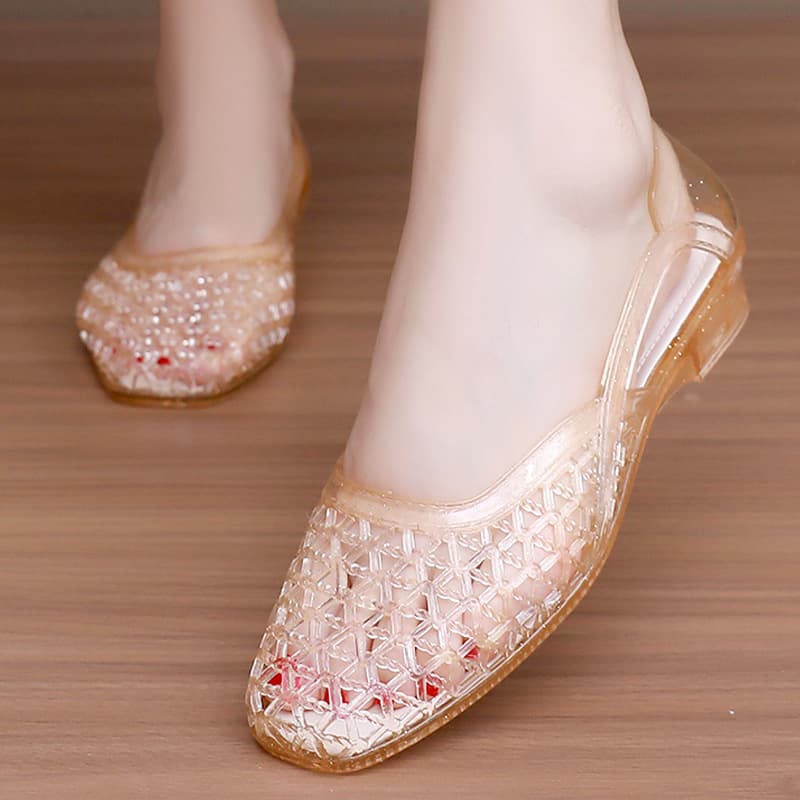 Square-toe comfortable transparent jelly plastic shoes low-top flat-soled low-heeled lightweight wear-resistant soft-soled waterproof and non-slip shoes for women