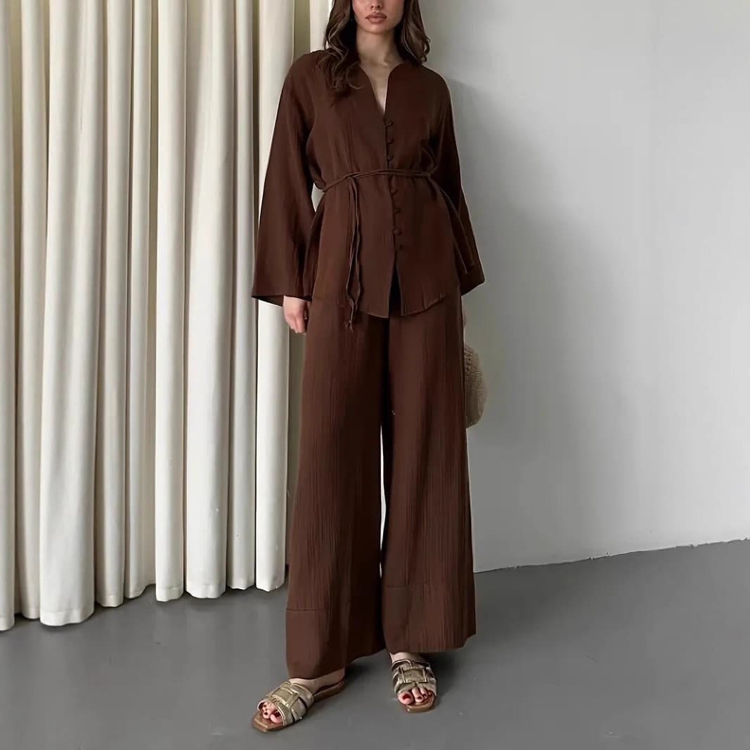 European and American cross-border women's elegant fashion V-neck long-sleeve shirt with straight-leg pants two-piece set