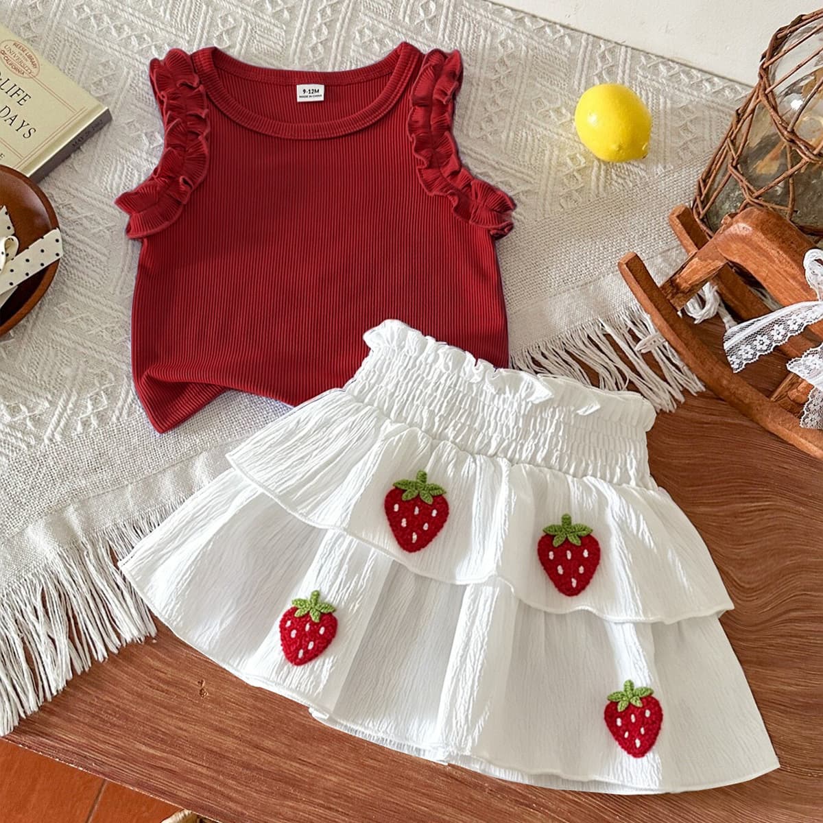 Baby Girls Clothes 0-3Y Baby Girls Summer Sleeveless Ruffle Top + Strawberry Skirt