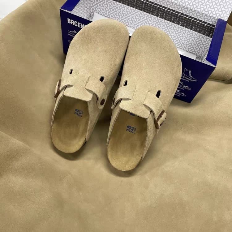Birkenstock-style unisex cork slippers, genuine cowhide leather, flat, closed-toe, half-slip-on shoes, sizes 35-46