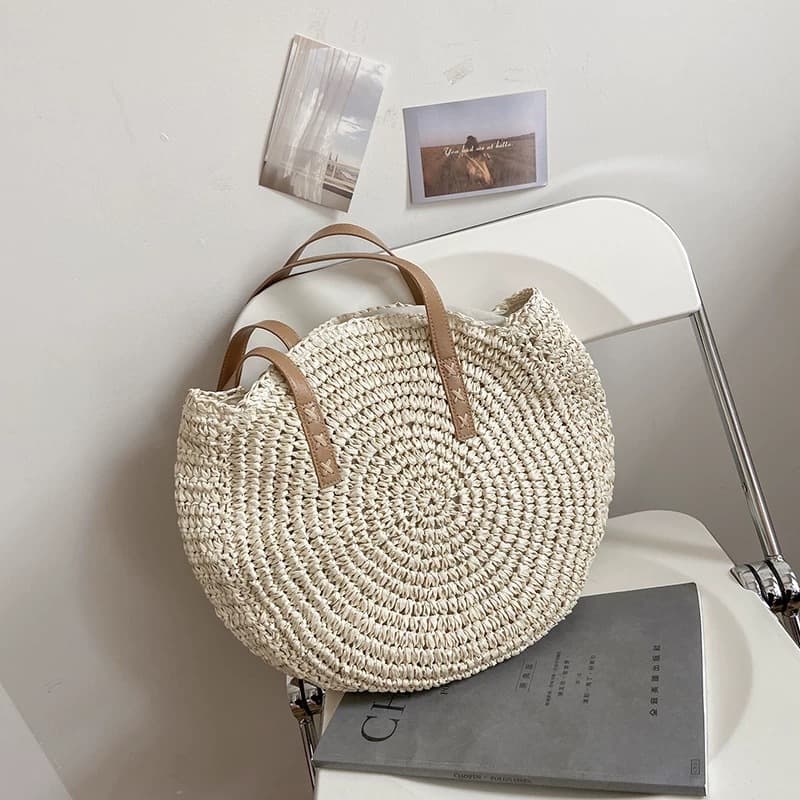 Round Straw Woven Shoulder Bag New Handmade Woven Bag Women Large Capacity Casual Women's Bag Vacation Beach Bag